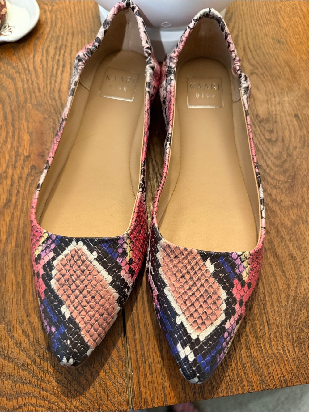 Kaari Blue Pink Multi-Color Snake-Print Pointed Toe Flats